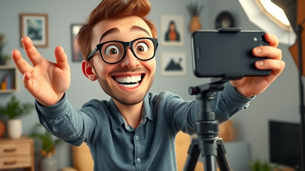 enthusiastic marketer recording vlog content in a home studio, brand props visible, expressive gestures