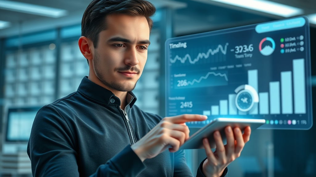 Balanced individual calmly using a time management app to control social media platform usage at a digital dashboard