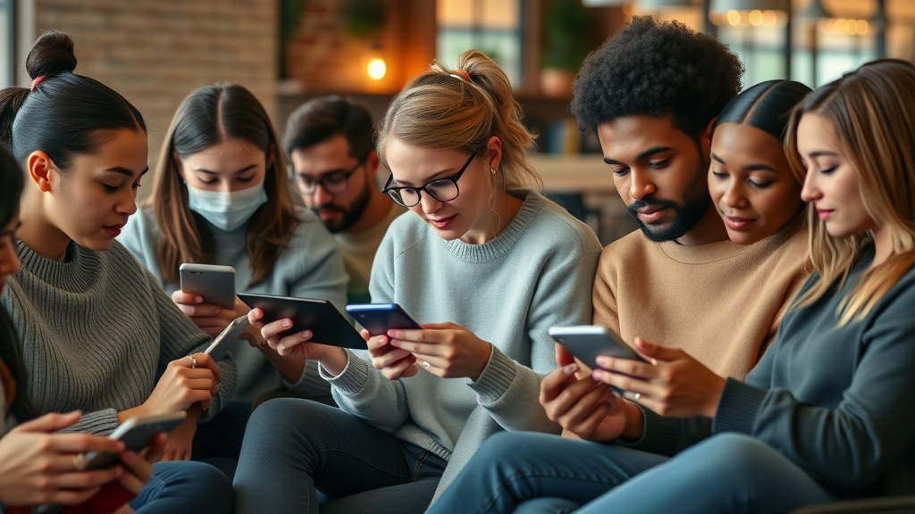 diverse group of consumers reading online reviews, tablets and smartphones, review site focus, cozy cafe