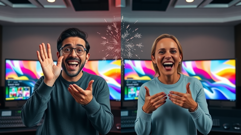 split screen showing before-and-after branded promo video stills, modern editing suite, visual transformation, vibrant colors