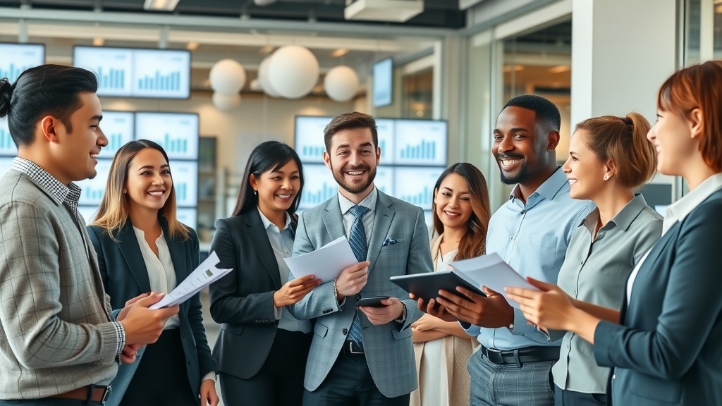 improving customer satisfaction with a professional business team and satisfied customers, satisfaction graphs, and digital devices in a modern workplace.