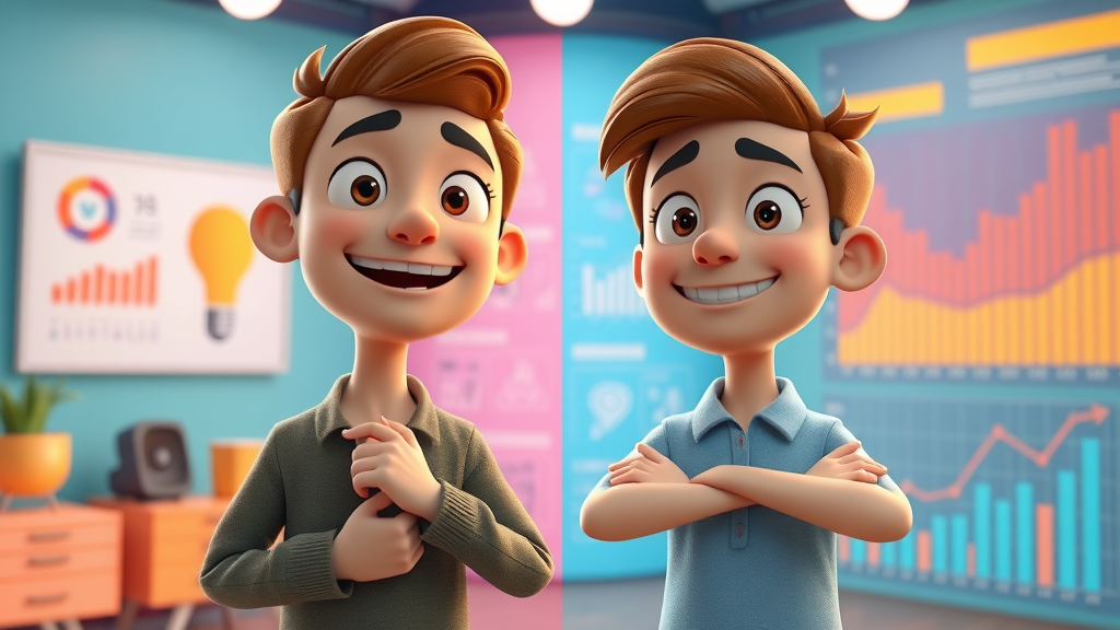 animated comparison showing product video versus explainer video scenes, colorful virtual studio with infographic charts