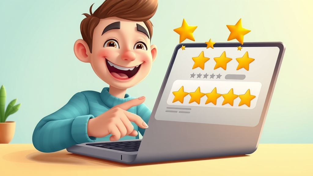 happy customer leaving a 5-star online review using review response techniques, digital interface glowing stars