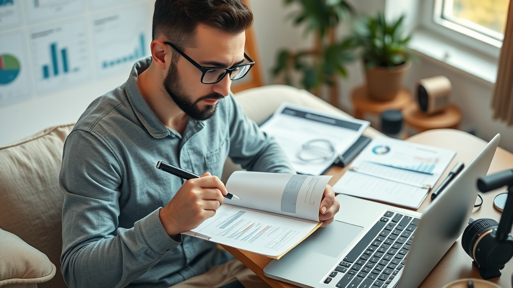 affordable video production freelancer calculating costs with budget charts in a home workspace