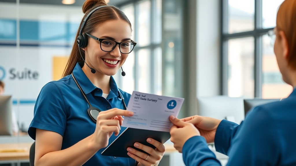 customer service representative explaining a digital customer satisfaction survey, demonstrating methods to improve customer satisfaction