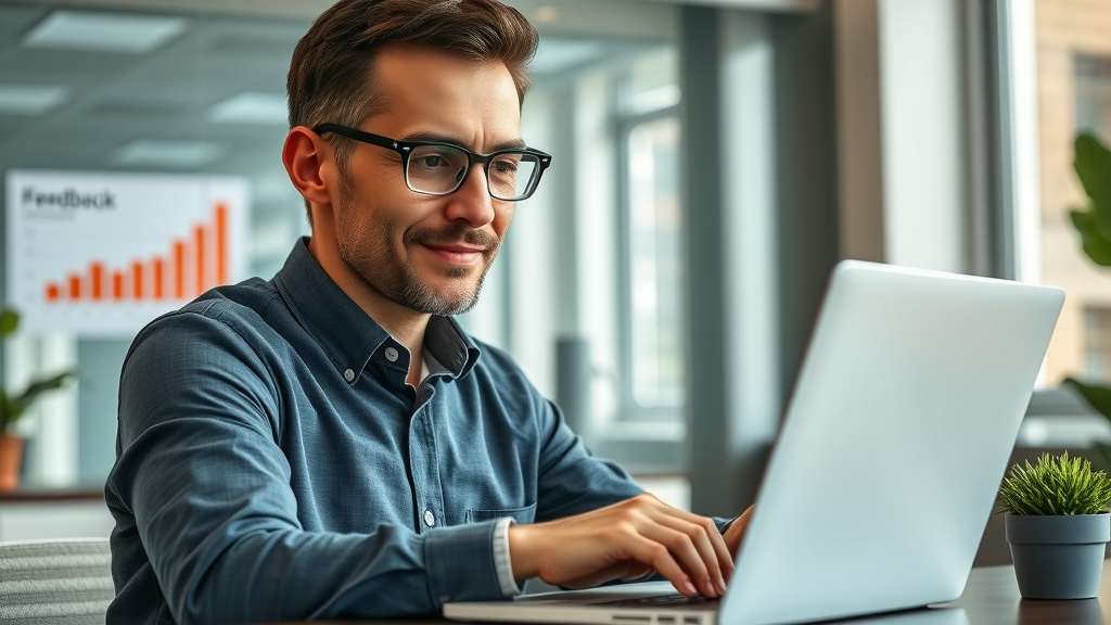 Professional business owner managing negative reviews professionally and confidently reviewing online feedback on a laptop in a modern office with digital reputation charts.