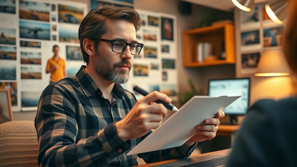 engaging video content creator brainstorming creative video ideas, cozy digital workspace