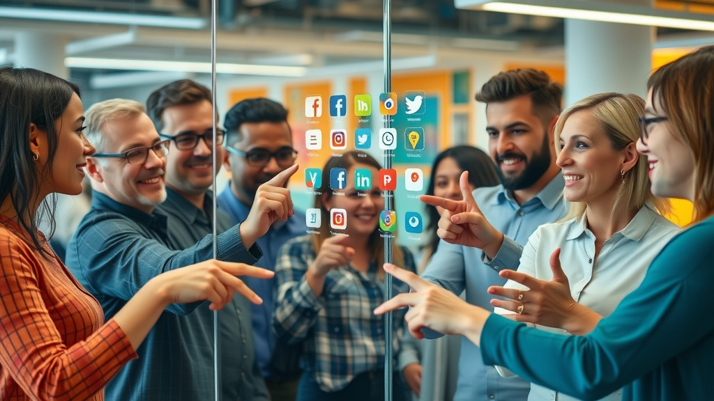 social media engagement - creative team enthusiastic brainstorming, pointing at icons, colorful office space