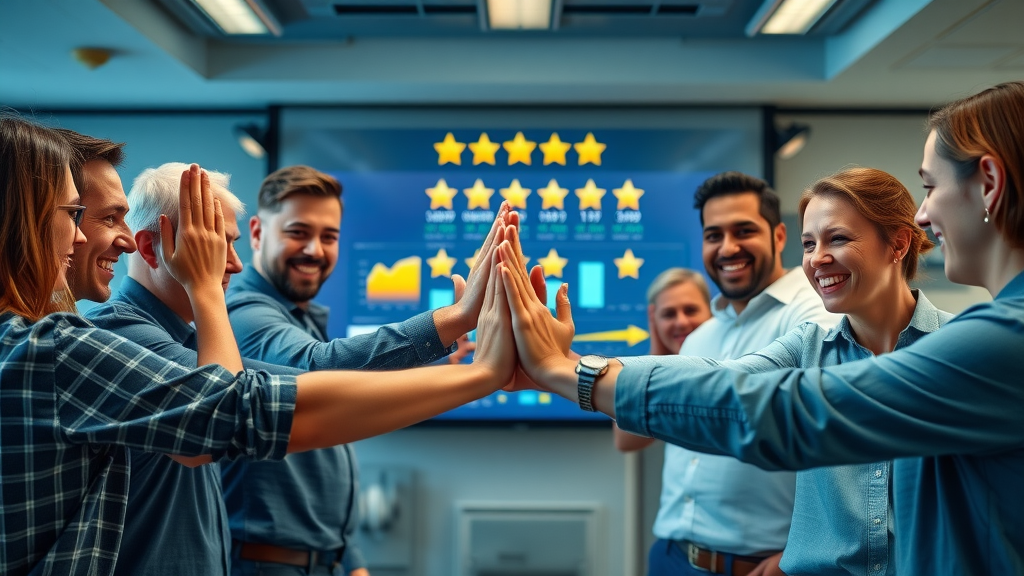 Brand team celebrating improved ratings after implementing professional response to bad reviews