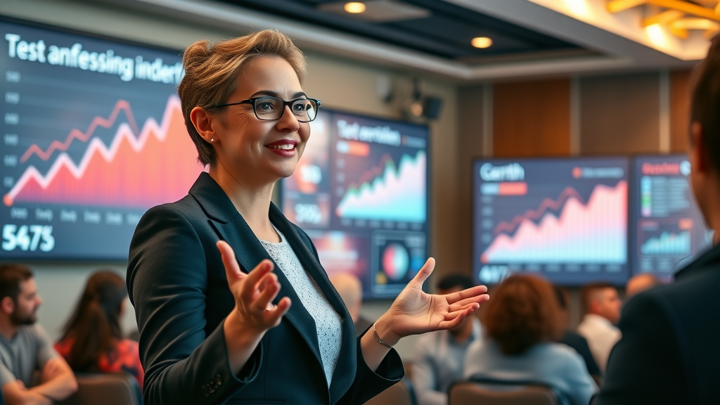 inspiring businesswoman presenting to audience about immediate benefits of strong brand awareness, conference room, growth metrics