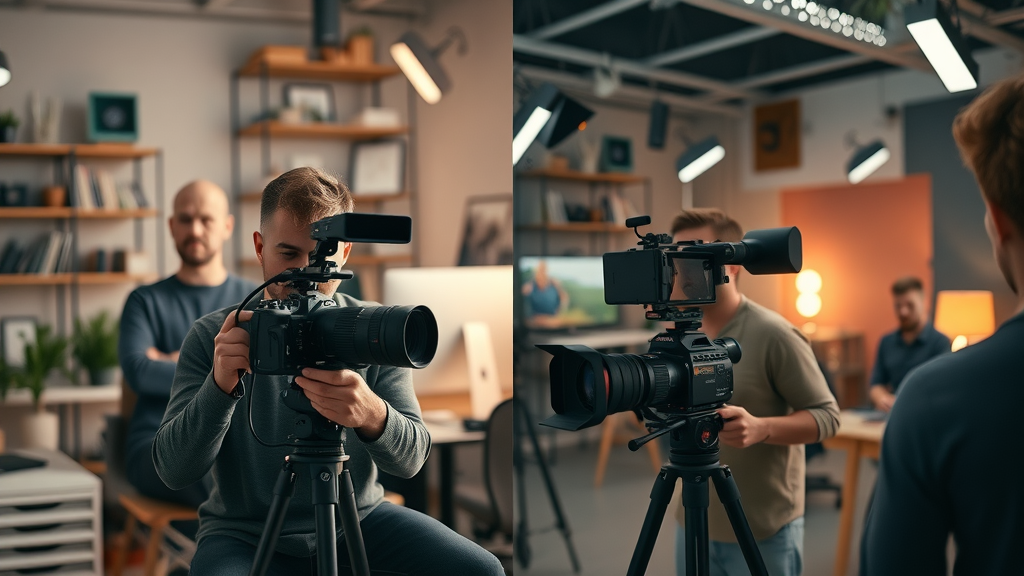 affordable video production split-screen: solo creator vs professional video team on set