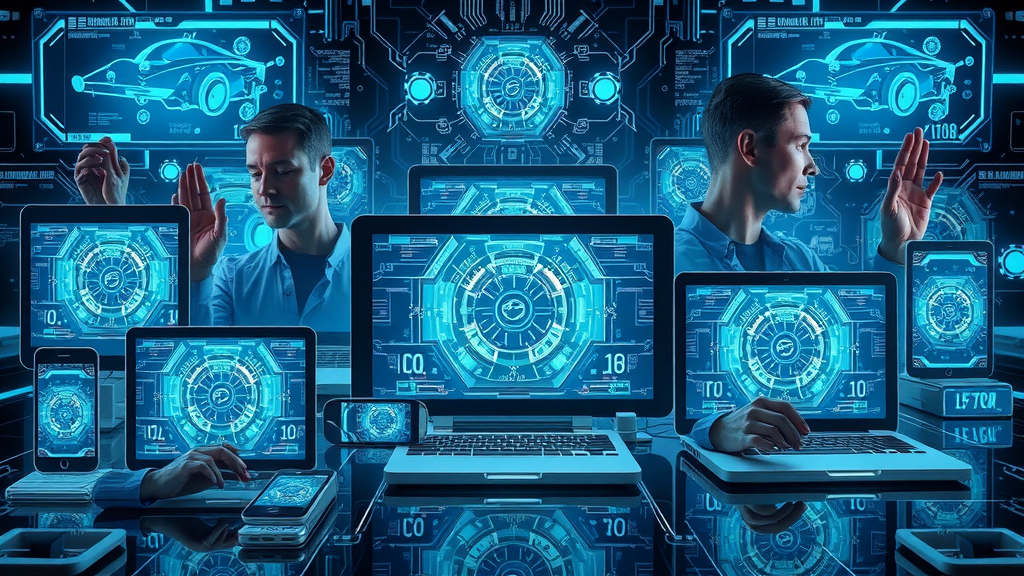 cohesive brand storytelling videos, recurring visual elements across devices, synchronized branding, futuristic digital interface