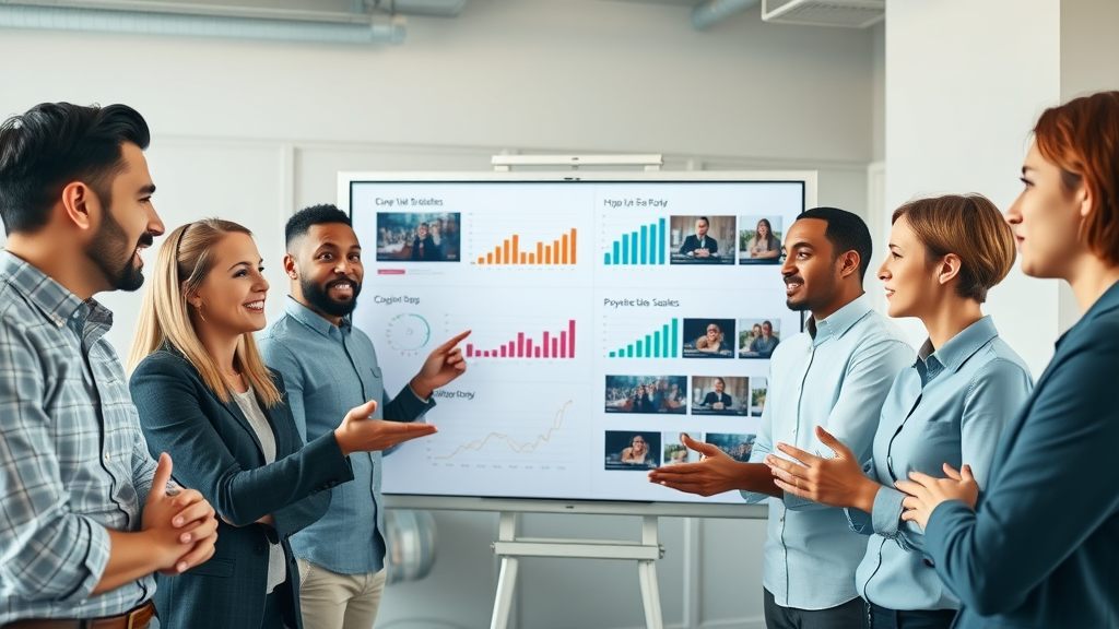 dynamic creative marketing team discussing promotional video tips strategy in a modern office, large screen showing video analytics, team gesturing towards charts and videos