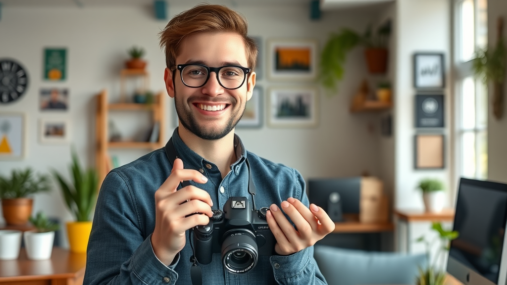 inspiring small business owner with camera in a vibrant workspace - DIY business videos