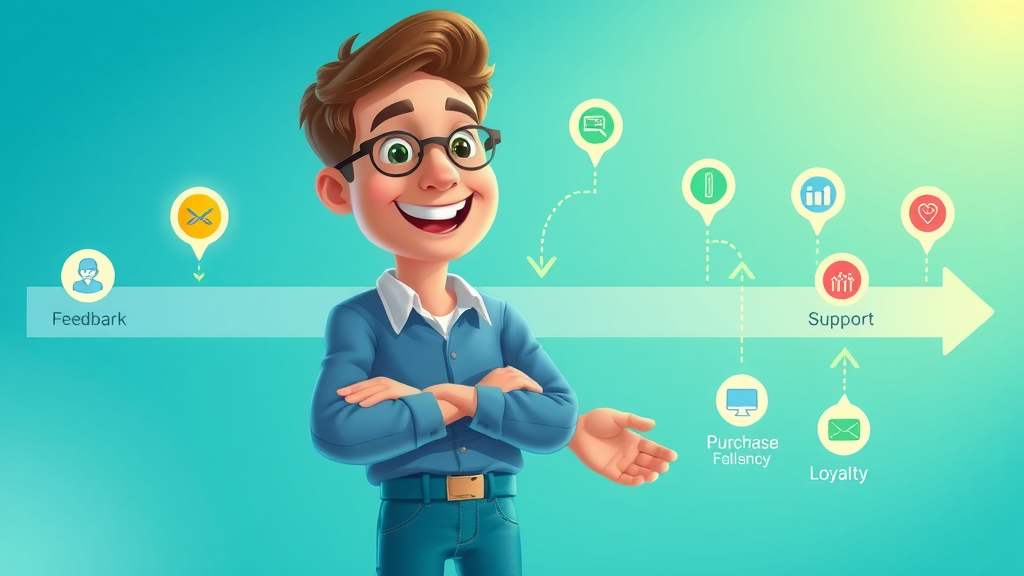 customer journey map for customer experience optimization with feedback, support, purchase, and loyalty icons, flowing arrows, vibrant colors