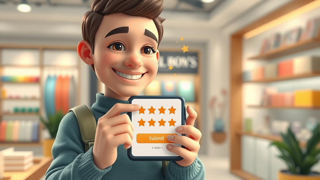 happy customer leaving positive review on phone for online review management in retail, animated stars and customer experience