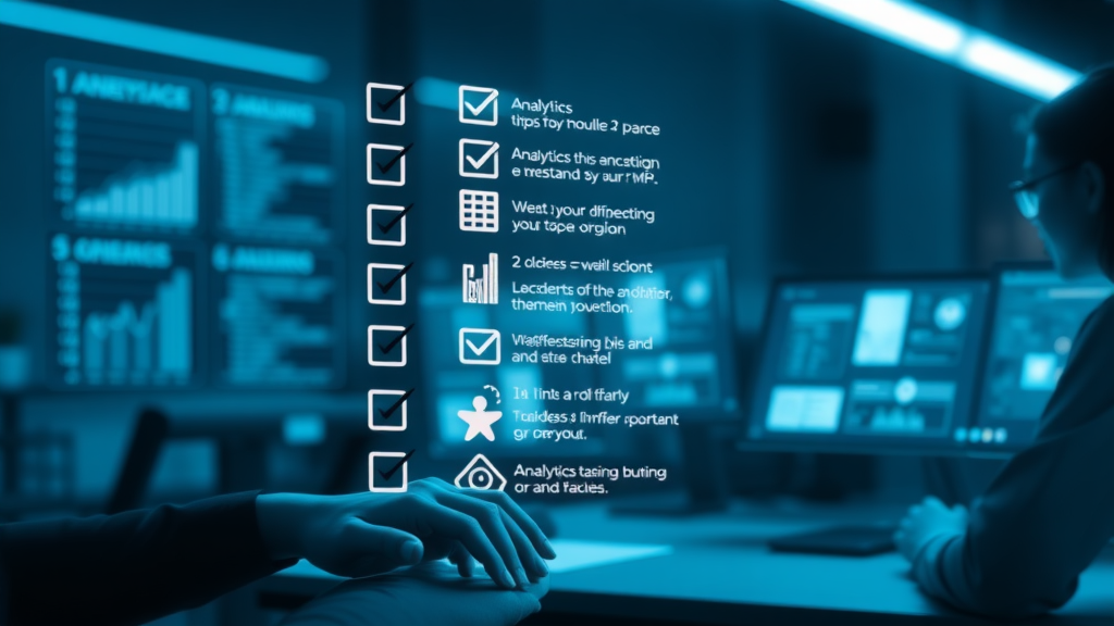social media analytics checklist in a modern workspace with glowing icons