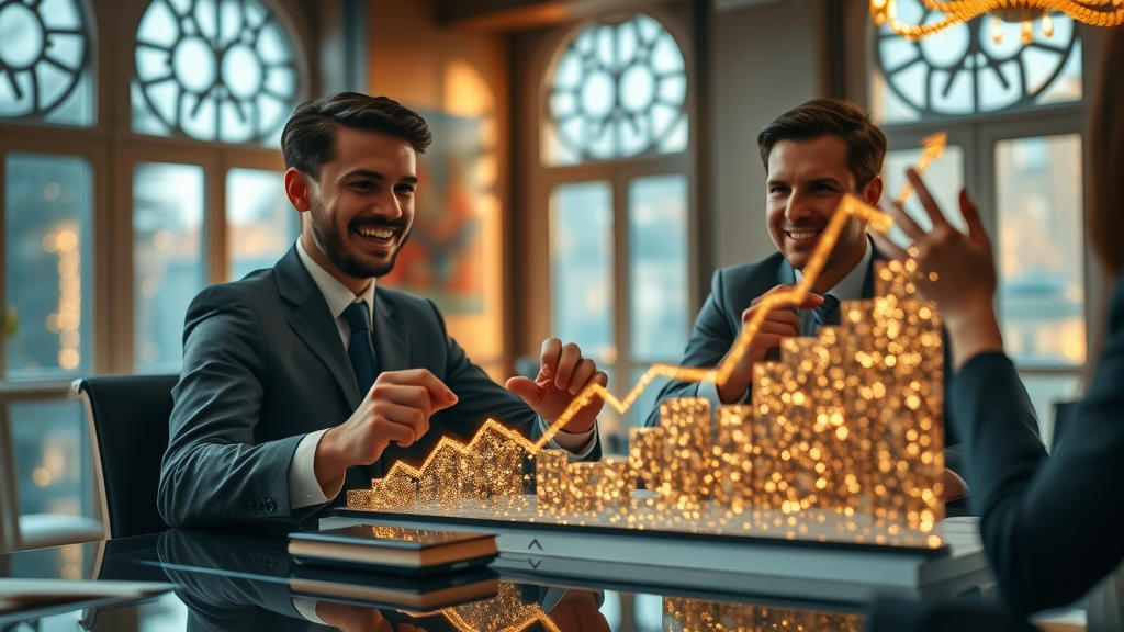 benchmarking small business growth - excited analysts reviewing upward trending financial charts