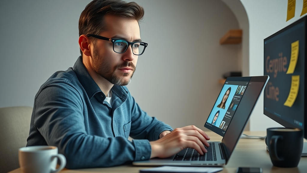 focused marketer analyzing user personas for effective video promo, laptop with video clips, vibrant workspace details and glowing monitor