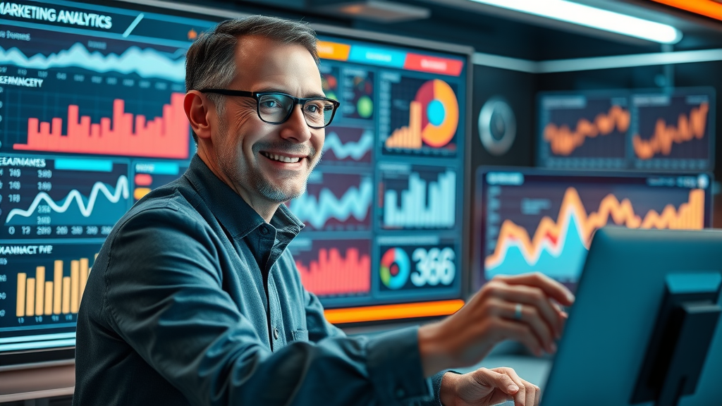 Business owner analyzing small business marketing performance with high-tech analytics dashboard | marketing tools