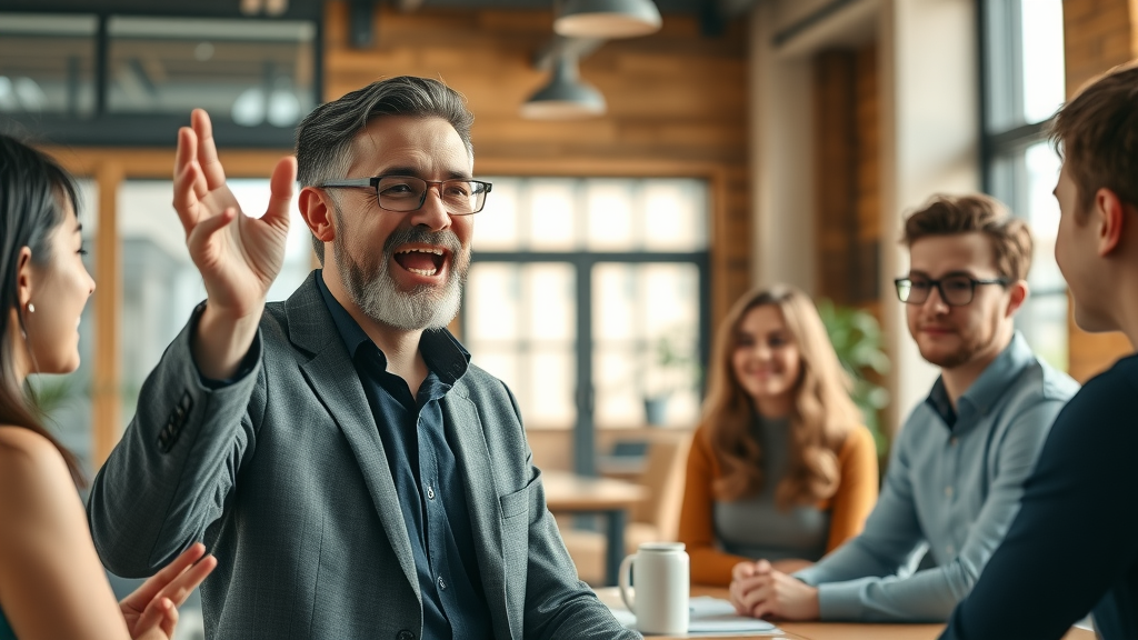 triumphant small business owner mentoring team on small business growth