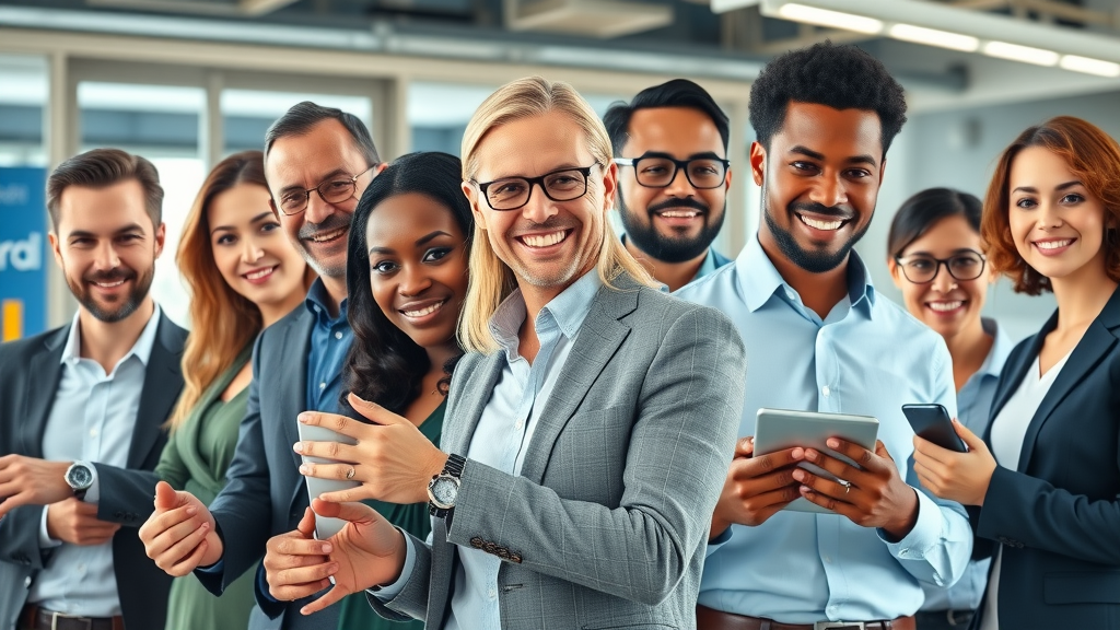 online presence for small business dynamic collage, diverse owners using digital tools in a modern office