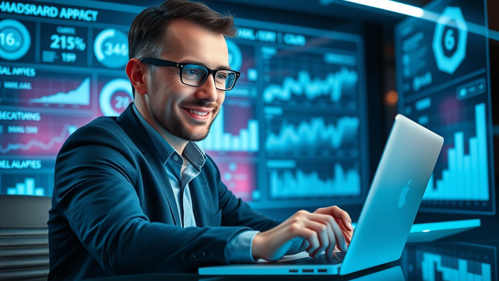 engagement platform - modern dashboard with business leader, analytics and KPIs, futuristic workspace, data visualizations