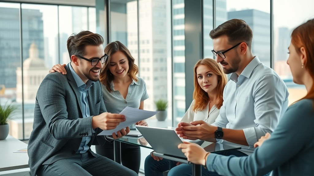 Collaborative small team creating a business marketing strategy in a modern glass office | marketing strategy