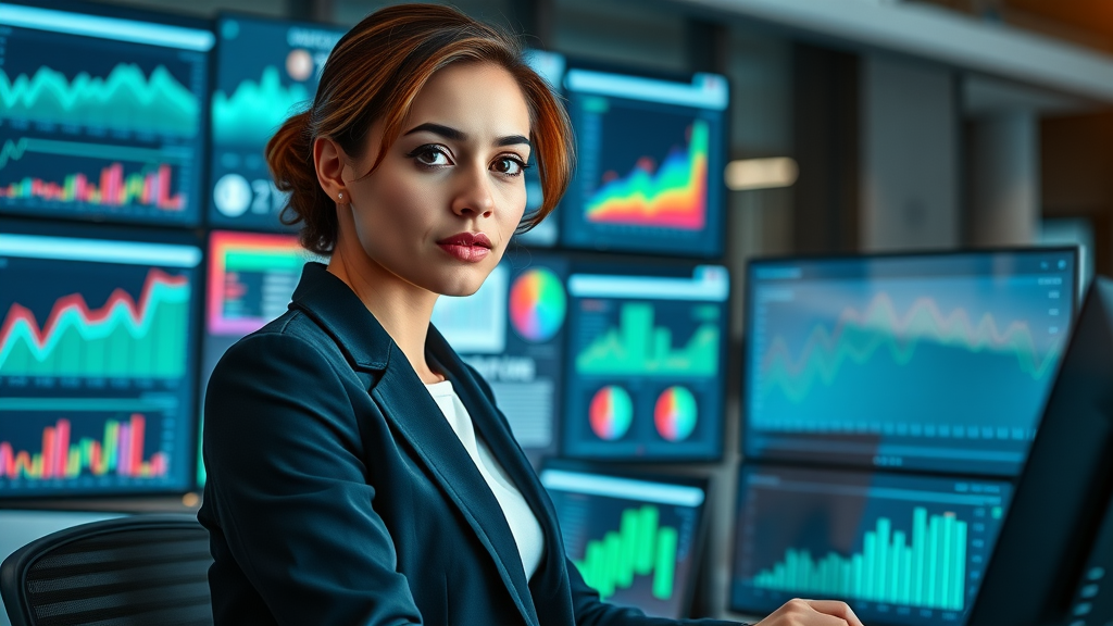businesswoman analyzing content ideas for small businesses on colorful digital dashboard of social media engagement