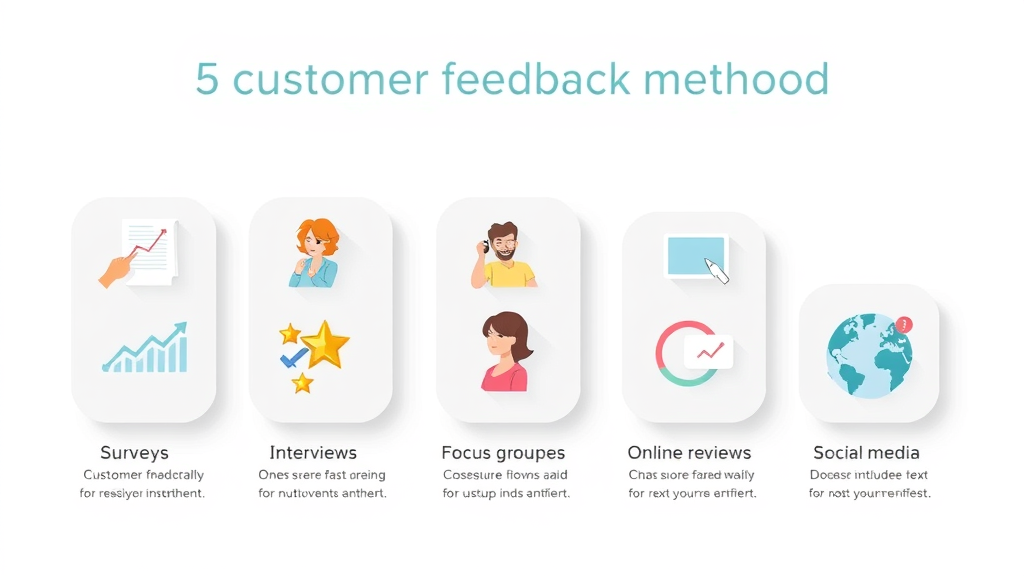 infographic illustrating five methods for collecting customer feedback: surveys, interviews, focus groups, online reviews, and social media