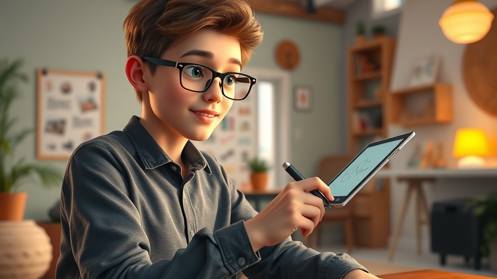 explainer video animation, creative professional drawing motion paths on tablet, animated studio background vibrant colors