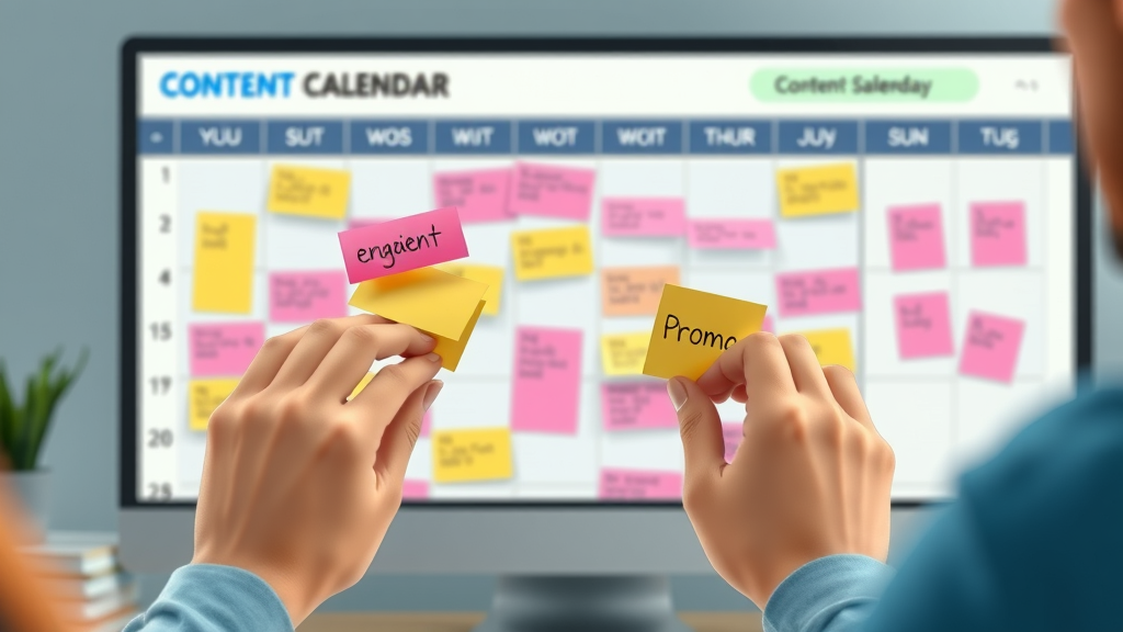 Content calendar with sticky notes organizing value, engagement, and promo video content for social media