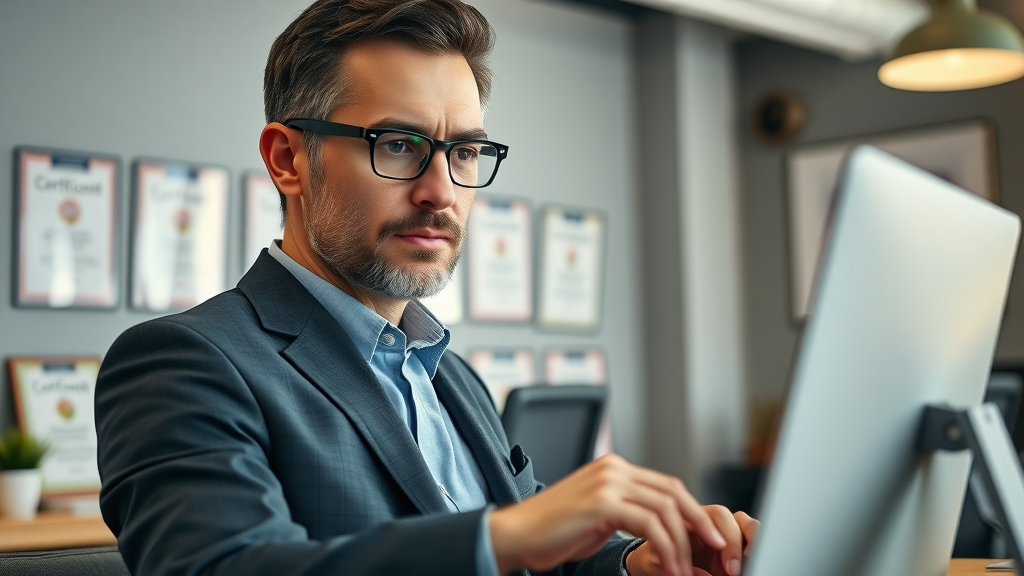 Confident business owner addressing an online review with a professional response to bad reviews in a modern office