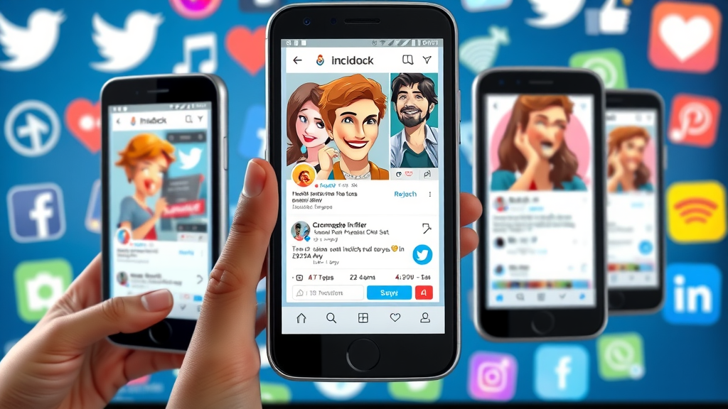 Modern smartphone screens showing engaging social media feeds, users interacting, and animated likes/shares, highlighting content creation tips for each platform.