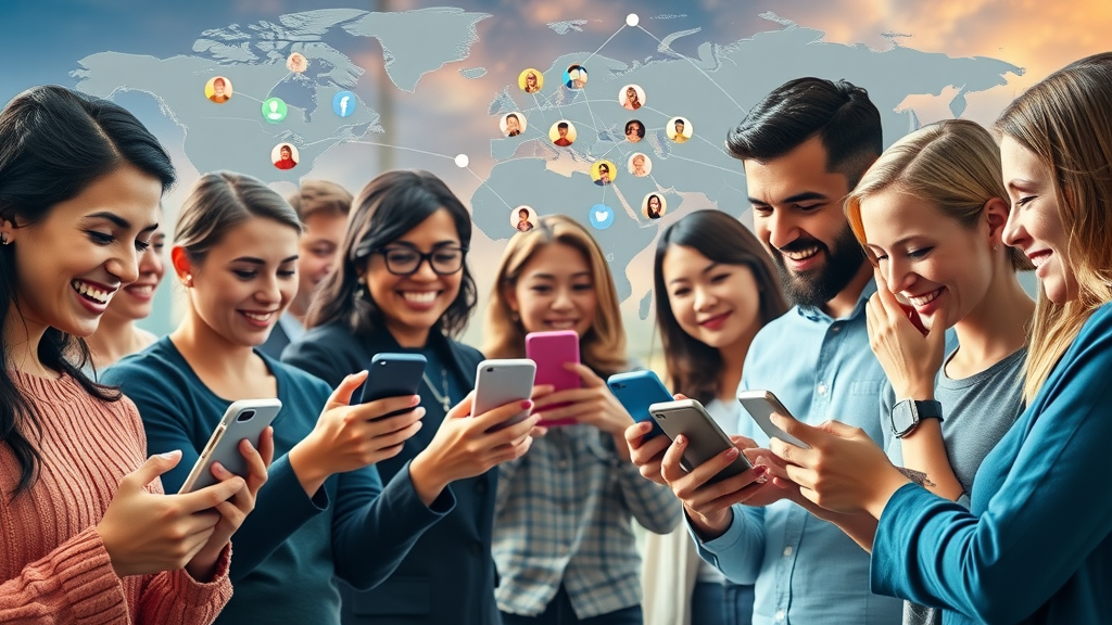 Diverse global audience interacting on social media platforms, networked across a vibrant world map. Increase social media followers concept.
