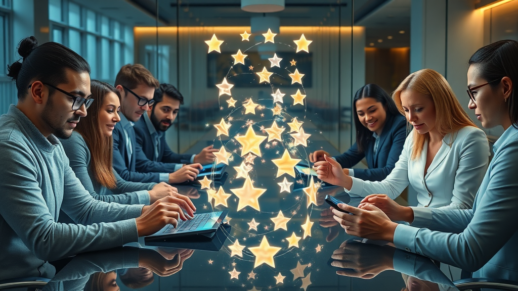 business review response tips professionals discussing star ratings review metrics digital tablets conference room