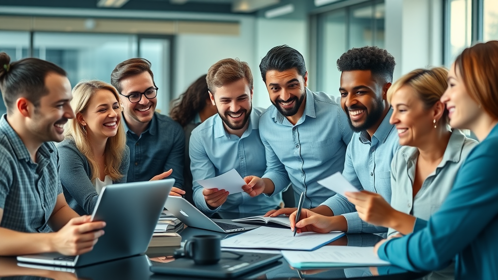 Energetic group of diverse digital marketers collaborating using laptops and digital screens in a modern office setting, brainstorming strategies for content creation tips.