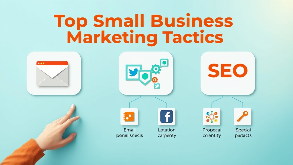 Infographic showing top small business marketing tactics: email marketing, social media, SEO | marketing strategy