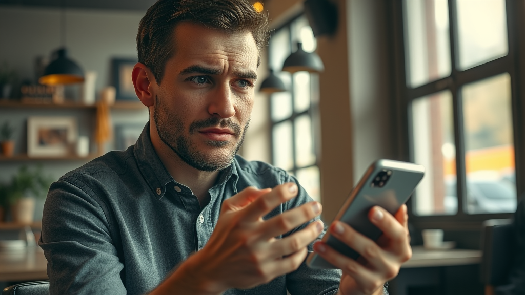 Concerned consumer evaluating the effect of negative reviews on consumer trust, reading negative online reviews on smartphone in urban café, highlighting brand perception issues.