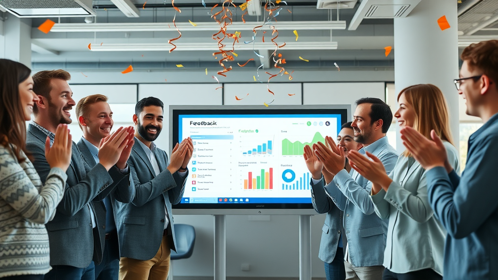 tech company celebrating positive customer feedback results with team around a feedback dashboard