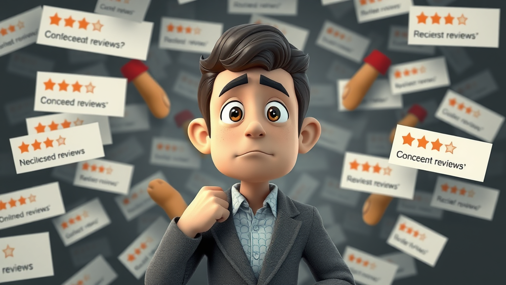 confused business owner surrounded by mixed online reviews for online review management, digital floating messages