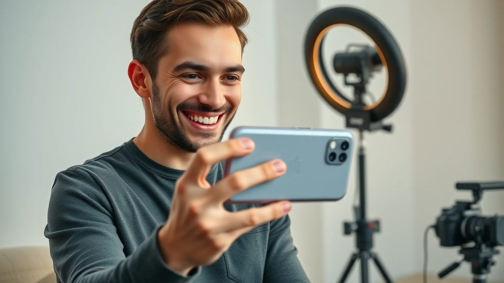 dynamic influencer recording video, video content, social media algorithms, smartphone recording, modern minimalist room