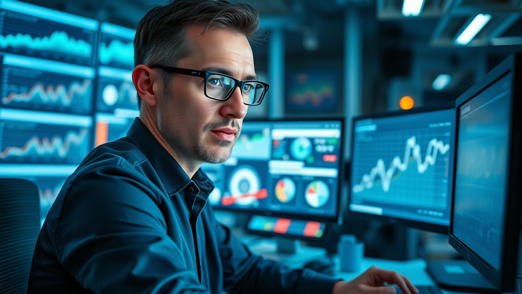 focused marketer measuring brand awareness with real-time social listening tools and analytics dashboard, high-tech workspace
