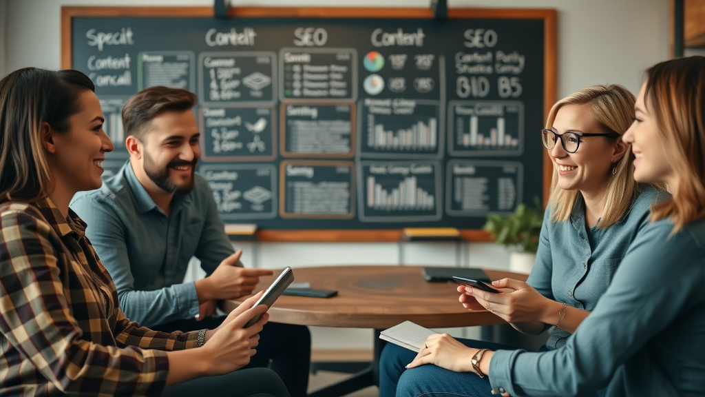 Small business team discussing content strategy with SEO charts in background, representing the importance of content creation tips.