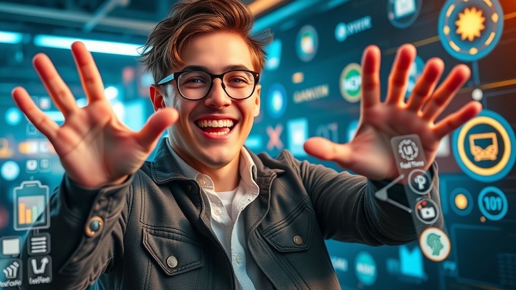 Young influencer creating a viral short social media video with futuristic UI elements