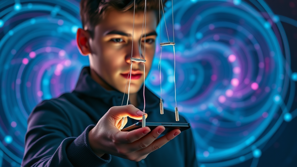 person holding invisible puppet strings over smartphone, social media algorithm control, visual metaphor, algorithmic influence