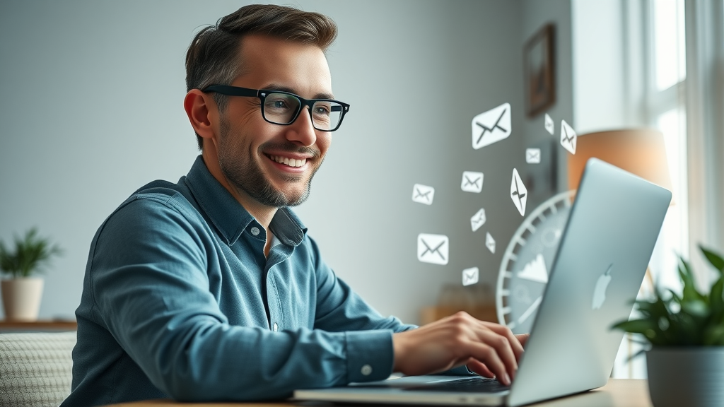 cheerful small business owner crafting email marketing campaign on laptop, analytics charts visible