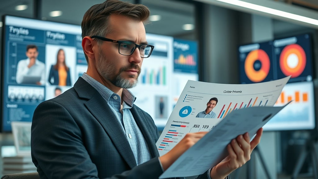 thoughtful strategist analyzing customer persona data to define target audience for social media marketing strategies