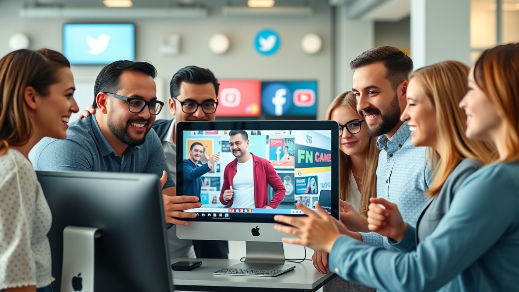 Group of marketers engaged with viral social media video content in modern office