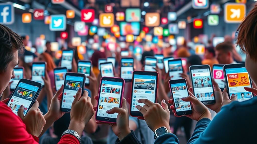 array of mobile devices showcasing major social media platforms for marketing strategy